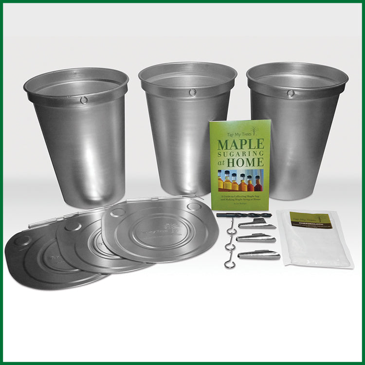 3 metal buckets and lids, spiles, drill bit, cheesecloth, and green instruction book.