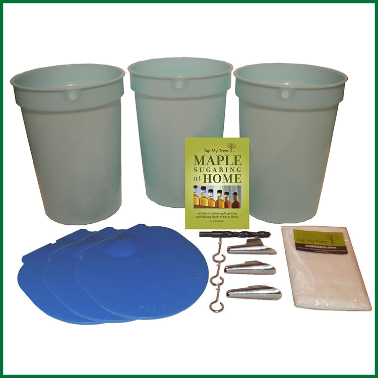 Three blue plastic buckets and lids, spiles, a drill bit, cheesecloth, and green instruction book.