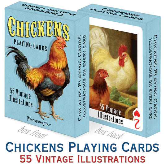 A deck of playing cards. Reads "Chicken Playing Cards," "50 vintage illustrations." Images of chickens with different colorings.