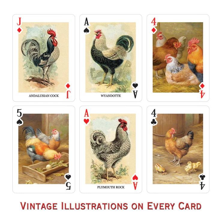 Examples of the cards, such as an Ace of Spades with a Wyandotte and a Four of Clubs with a chicken surrounded by small chicks.