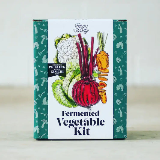 Teal and white box with illustrations of cauliflower, cabbage, a beet and a carrot.