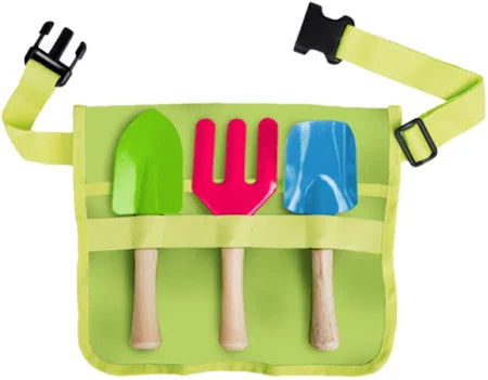 A small light green waist apron with a black buckle on the strap. It holds a trowel, hand fork, and hand shovel in fun colors.