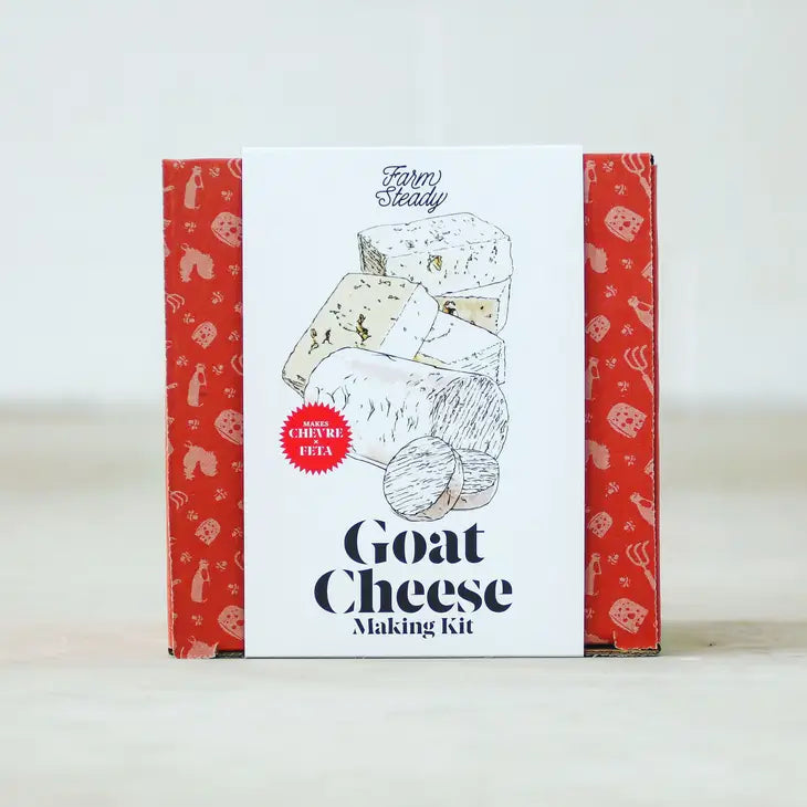 Red and white box with illustrations of goat cheese.