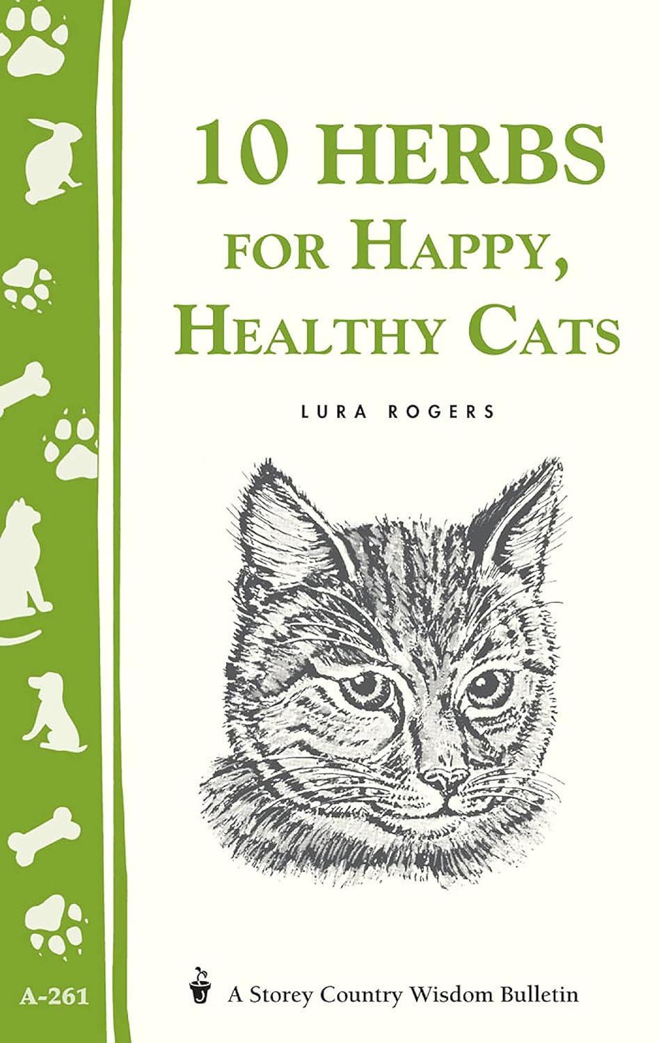 Booklet cover is white with the title and left border in green, and a b&w illustration of a cat's face.