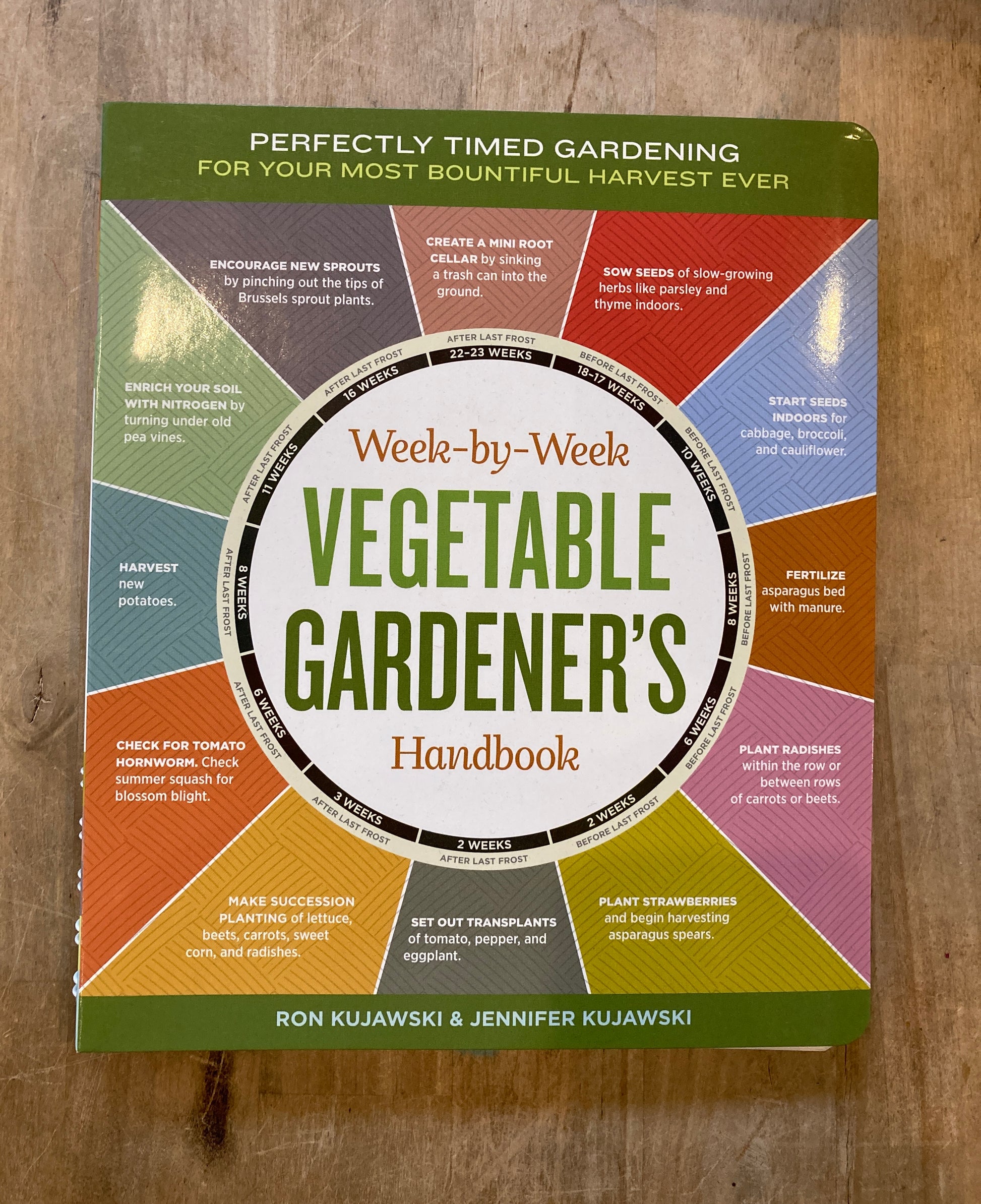 Book with "week-by-week vegetable gardener's handbook" in a circle in the center. The outside of the circle is divided up into different weeks, each with an associated garden task such as "sow seeds" or "harvest new potatoes."