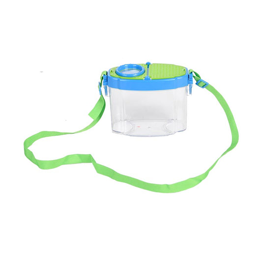 A clear plastic container with a green shoulder strap. Green and blue lid has a magnifying viewer.