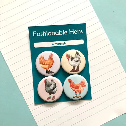 Set of four magnets with images of hens in various cute shoes.