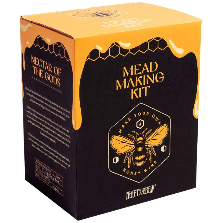 A black and yellow box shows a bee and the text "Mead Making Kit."