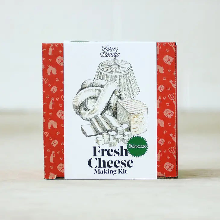 Red and white box with illustration of different cheese types and a cheese basket.