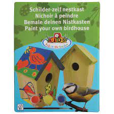 Box with images of unpainted and painted wooden birdhouses.