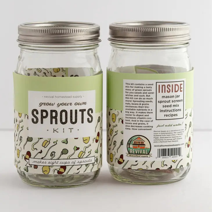 Mason jar with label reading "Grow Your Own Sprouts Kit"