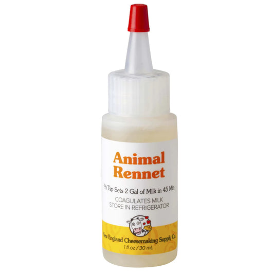 A small squeeze bottle with white label that reads "Animal Rennet" and has a cute illustration of a cow holding cheese.