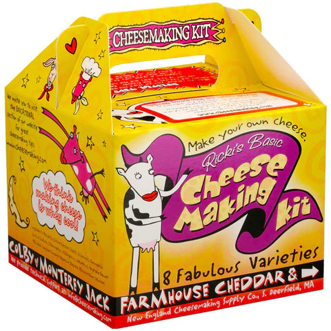 A yellow box with cartoon cows and the text "Cheesemaking kit" on a pink background.