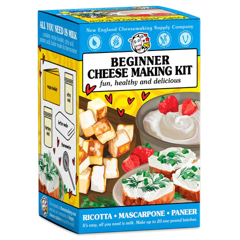 Blue and yellow product box with pictures of ricotta, marscapone, and paneer.