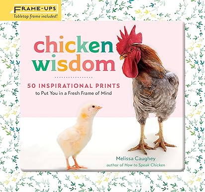 Book cover with a border of chicken tracks. Title in pastel colors, with photos of a chicken and a chick next to it.