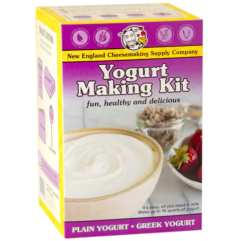 Pink and yellow product box showing a picture of yogurt with the text "Yogurt Making Kit."