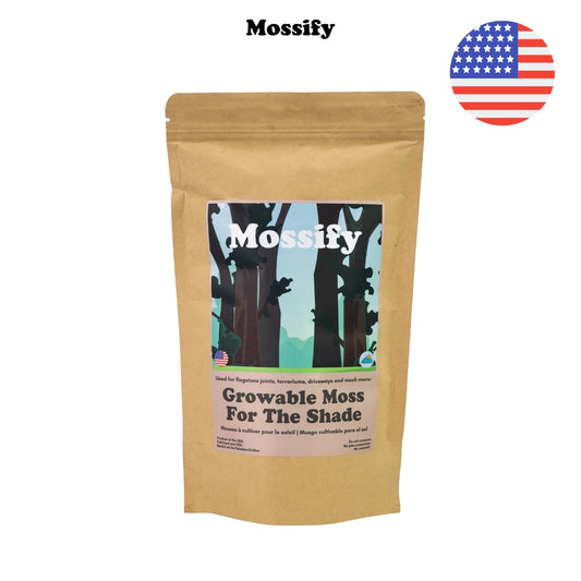 Brown resealable package. Label reads "Mossify, growable moss for the shade" with illlustration of mossy trees.