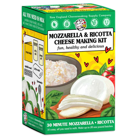 A green and yellow box with images of mozzarella, ricotta, basil leaves and a tomato.