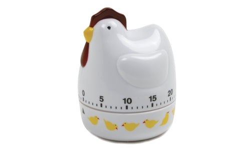 Kitchen timer shaped like a stylized chicken. Mostly white with a red comb and wattle and a yellow beak. Under the ring of numbers are illustrations of yellow chicks.